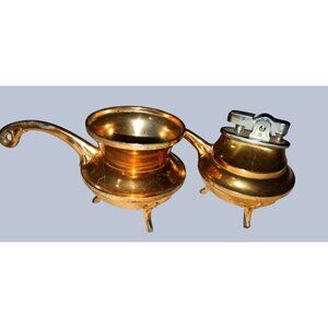 Vintage Brass Tabletop Lighter & Ashtray Set With Handle